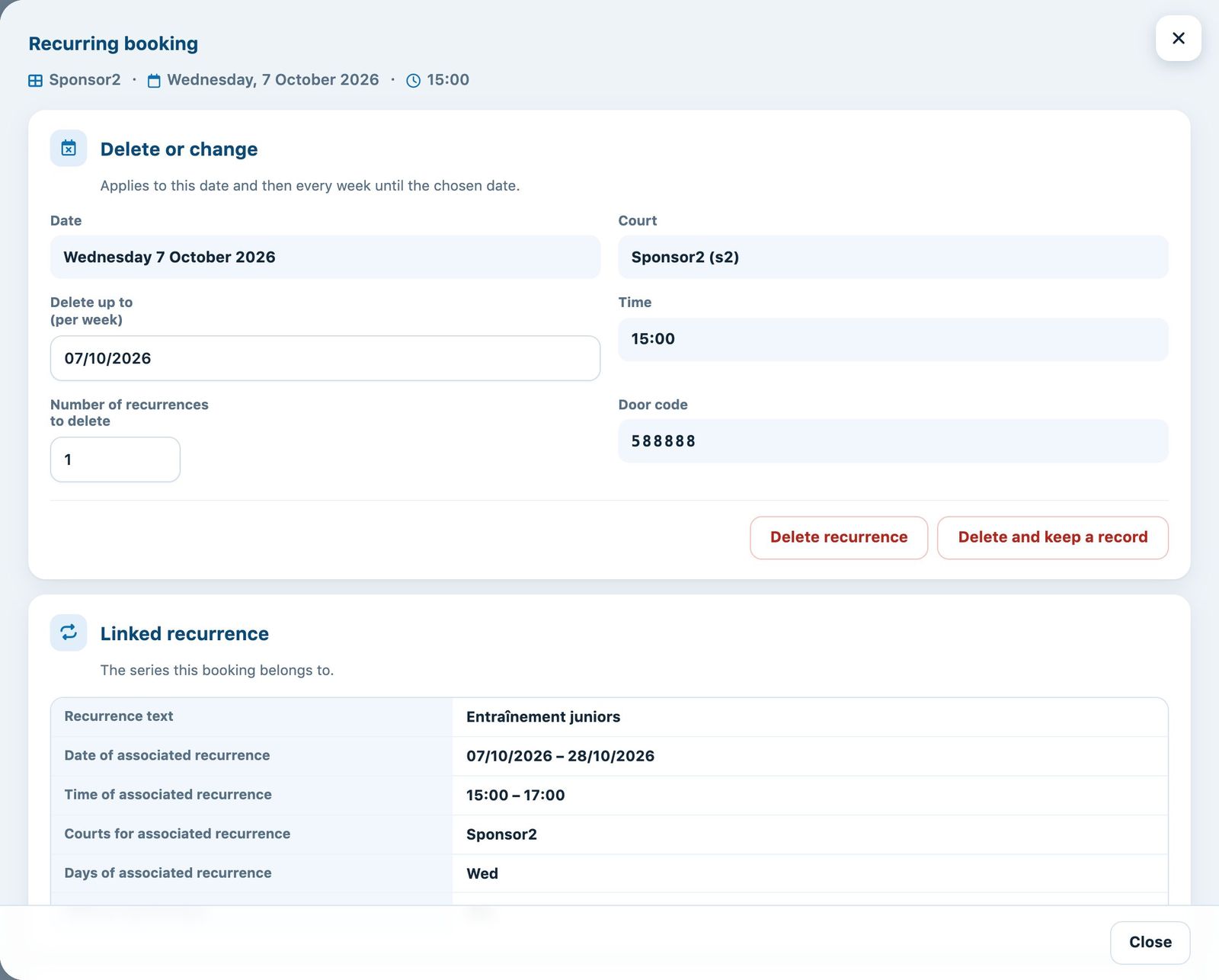 Panel of a booking that is part of a recurrence